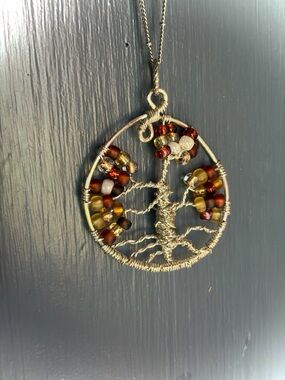 Handmade Wire Wrapped Tree of Life Pendant Necklace in Gold with Amber Beads